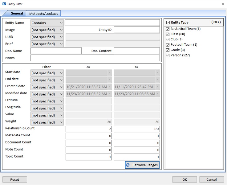 Entity Data Refinement Filter Options