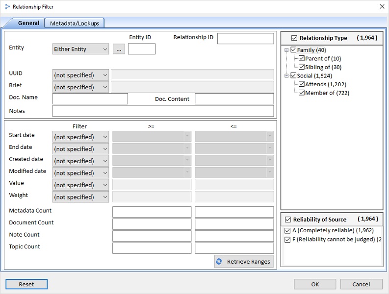 Relationship Data Refinement Filter Options