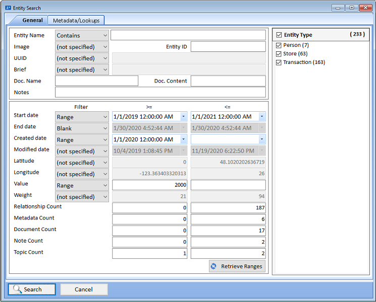 Entity Advanced Search General Tab