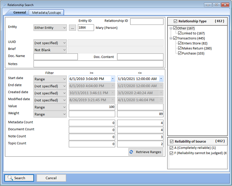 Relationship Advanced Search General Tab